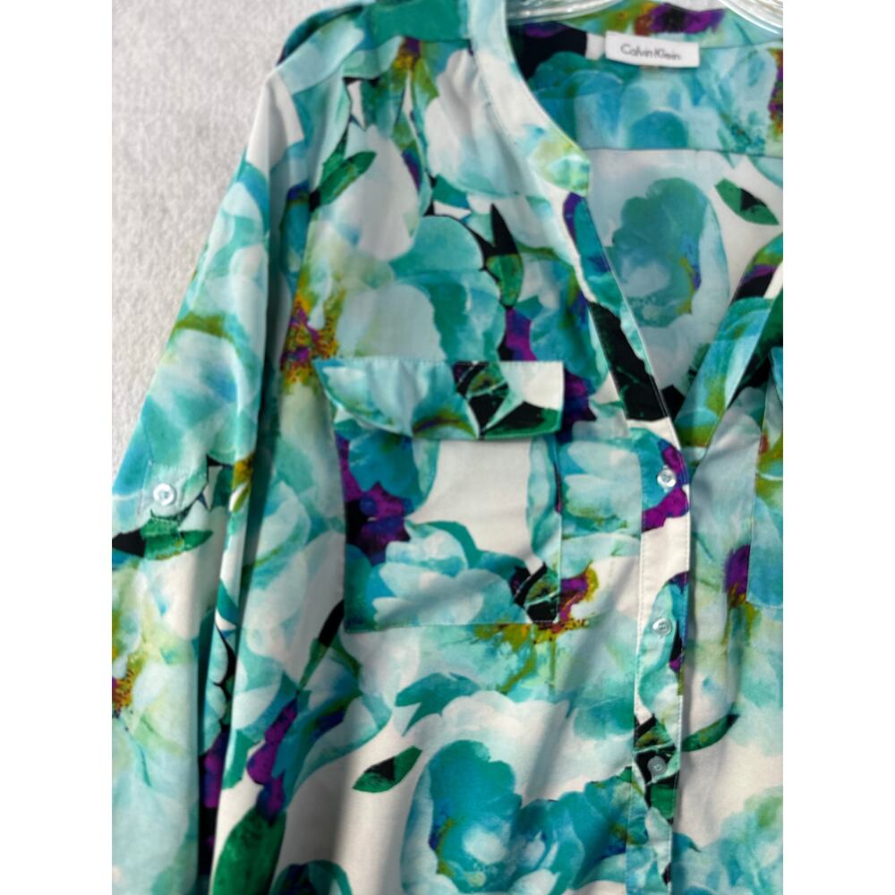 Calvin Klein Size XL Top Button Down Front Pockets Roll Tab Sleeve V Neck Floral - Picture 4 of 7
